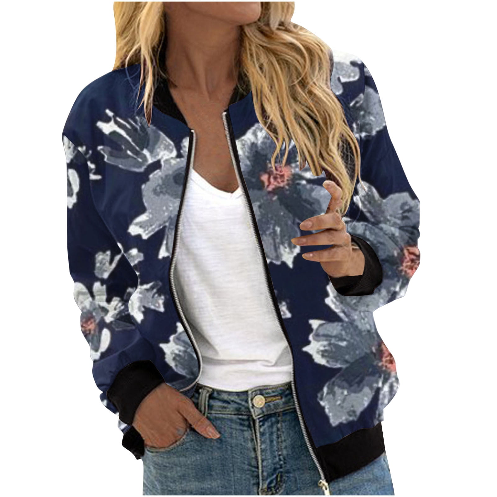 Women s Zip up Crop Bomber Jacket Long Sleeve Floral Print Stand Collar Zipper Biker Light Jacket Coat Outwear X Large Navy