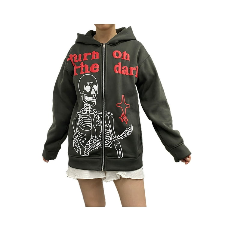 Women s Zip up Hooded Cardigan Casual Vintage Letter Skull Pattern Loose Fit Spring Jacket Sweatshirt XS XXXXL