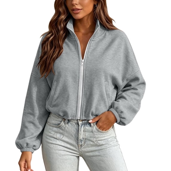 Women's Zip-up Hoodie, Fleece Stand Collar Drawstring Cropped Zipper