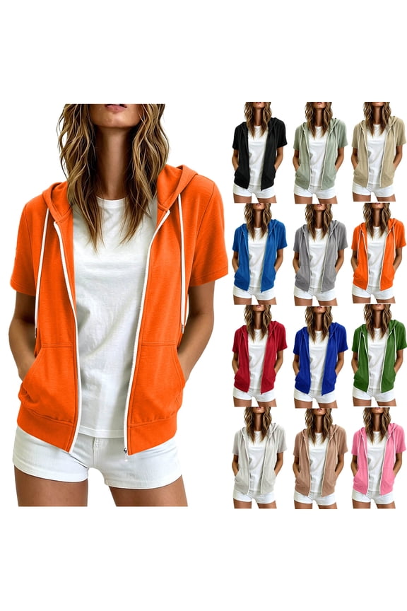 Women's Zip up Hoodie Short Sleeve Lightweight Hooded Jacket with Side Pockets Casual Sweatshirt Vests Orange XXL