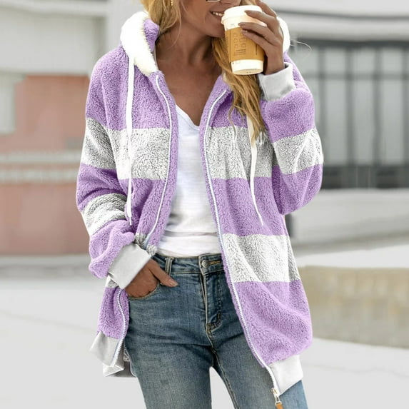 Women's Zip up Hoodies Long Sleeve Winter Lightweight Hooded Sweatshirt Oversized Color Block Fleece Jacket for Women with Pockets