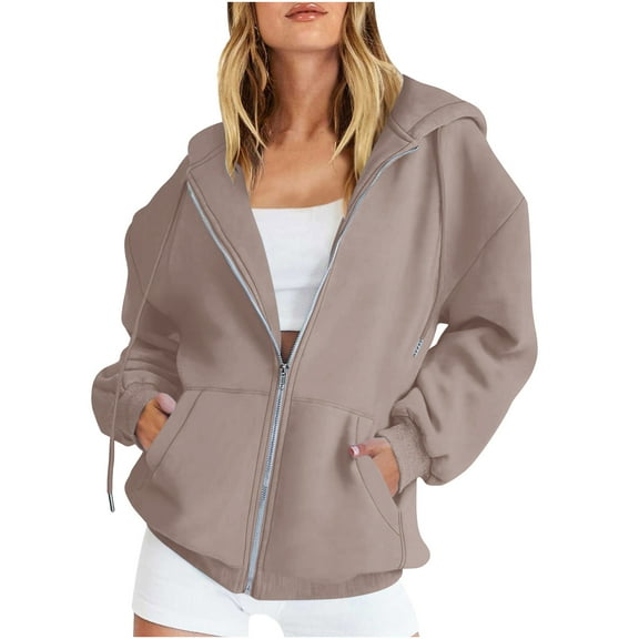 Women's Zip up Hoodies Oversized Casual Long Sleeve Sweatshirts Fleece Jackets Fall Spring Track Jackets with Pocket Khaki M