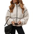thumbnail image 1 of Women's Zipper Cropped Fleece Jacket Lapel Fuzzy Warm Winter Sherpas Coat, 1 of 8