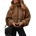 thumbnail image 1 of Women's Zipper Cropped Fleece Jacket Lapel Fuzzy Warm Winter Sherpas Coat, 1 of 8