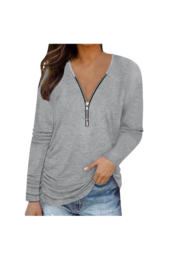 Women's Zipper Fall Tops Long Sleeve T-Shirt V-Neck Solid Color Casual Tunic Top Henley Loose Comfy Soft Blouse