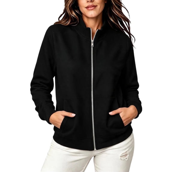 Women's Zipper Fleece Jacket Solid Color Long Sleeves Stand Collar Coat for Daliy Casual & Outfit Wear