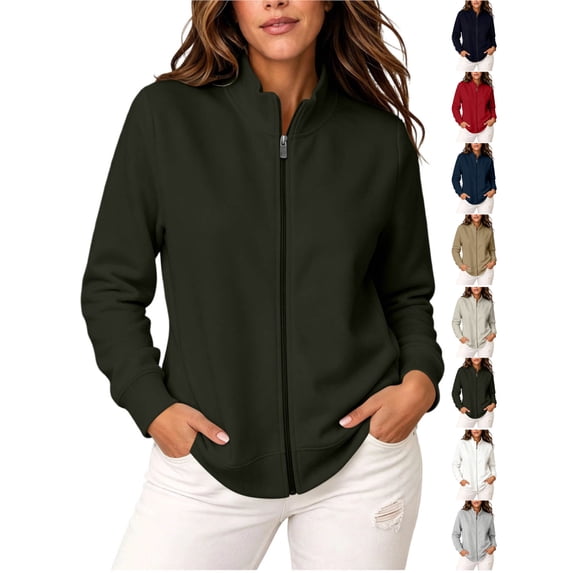 Women's Zipper Fleece Jacket Solid Color Long Sleeves Stand Collar Coat for Daliy Casual & Outfit Wear