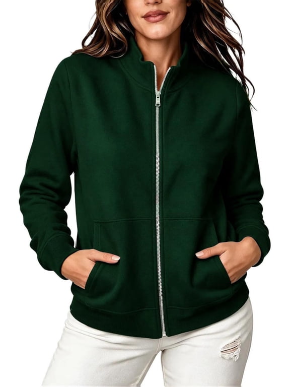 Women's Zipper Fleece Jacket Solid Color Long Sleeves Stand Collar Coat for Daliy Casual & Outfit Wear