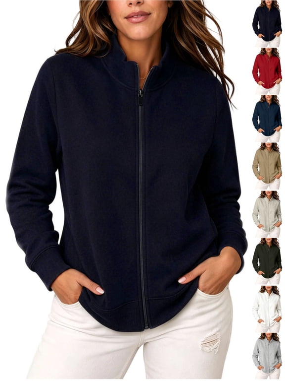 Women's Zipper Fleece Jacket Solid Color Long Sleeves Stand Collar Coat for Daliy Casual & Outfit Wear