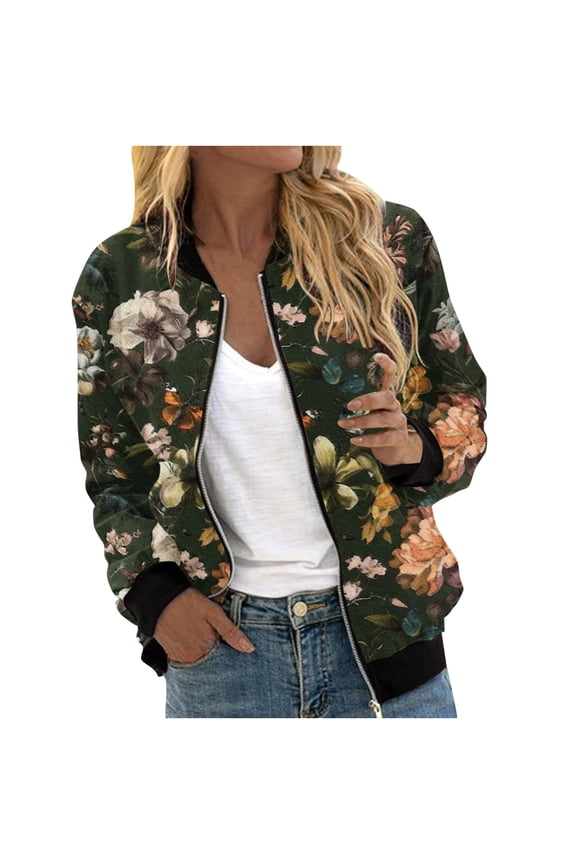 Women's Zipper Front Bomber Jackets Casual Lightweight Fall Outerwear Floral Print Long Sleeve Travel Coat with Pocket (M, Black 02)