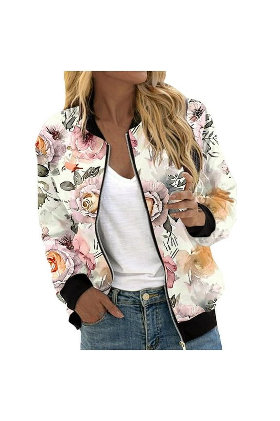 Women's Zipper Front Bomber Jackets Casual Lightweight Fall Outerwear Floral Print Long Sleeve Travel Coat with Pocket (XL, Beige)