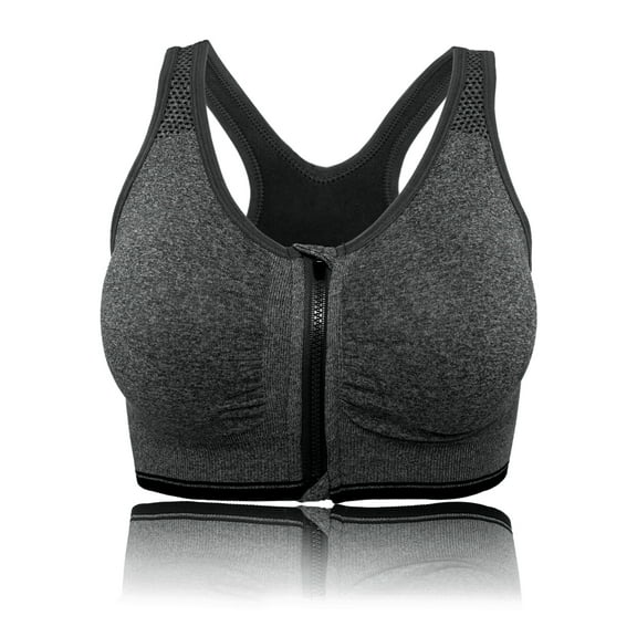 Women's Zipper Front Closure Sports Bra, Seamless Wirefree Zipper Padded Workout Gym Yoga Bras, Gray, XL