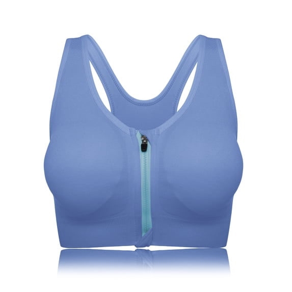 Women's Zipper Front Closure Sports Bra, Seamless Wirefree Zipper Padded Workout Gym Yoga Bras, Light Blue, 2XL