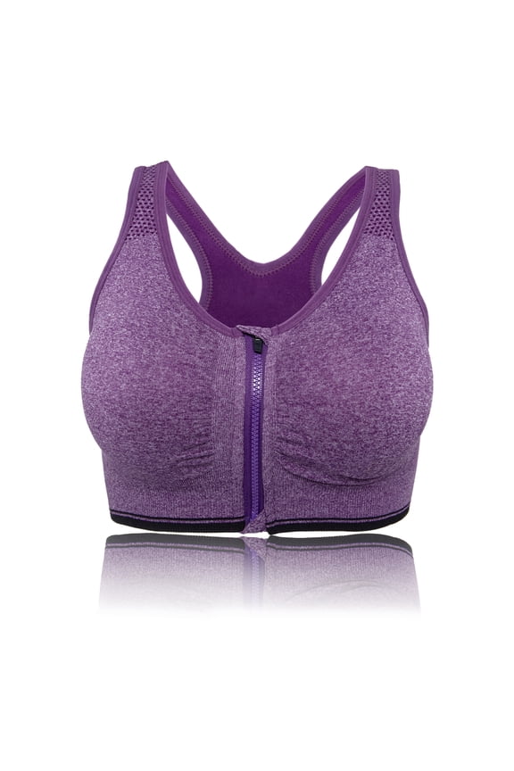 Women's Zipper Front Closure Sports Bra, Seamless Wirefree Zipper Padded Workout Gym Yoga Bras, Purple, M