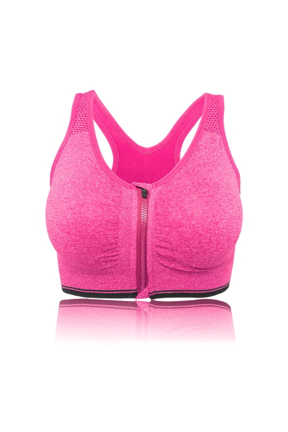 Women's Zipper Front Closure Sports Bra, Seamless Wirefree Zipper Padded Workout Gym Yoga Bras, Red, L