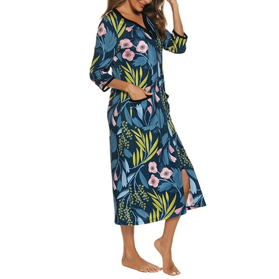 Women's Zipper Front Robe 3/4 Sleeve Housecoat Calf Length Casual Nightgown Loose Bathrobe With Pockets Pajamas Grandmother Grandmother Gown Women Night Gowns Sleeves Short Sleeve Nightgown Pockets
