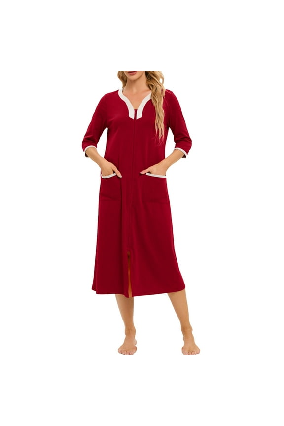 Women's Zipper Front Robe 3/4 Sleeve Housecoat Calf Length Casual Nightgown Loose Bathrobe With Pockets Pajamas Grandmother Grandmother Gown Women Night Gowns Sleeves Short Sleeve Nightgown Pockets