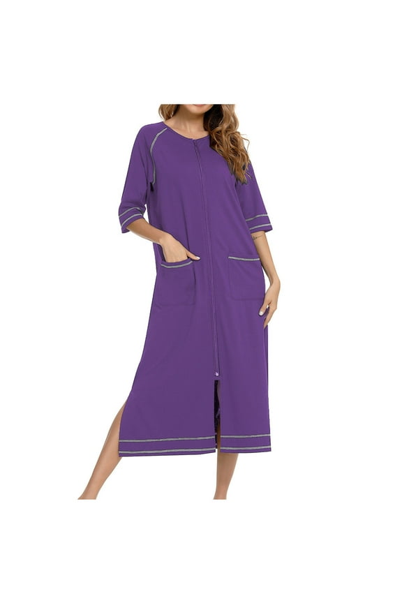 Women's Zipper Front Robes Half Sleeve Bathrobe Full Length Soft Cotton Duster Coat Ultra Soft Nightgown Loungewear Midi Dress Pajama Dress with Pockets