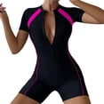 thumbnail image 1 of Women's Zipper Front Sport One Piece Swimsuit Shorts Romper Bathing Suit Swimwear Purple Pink M, 1 of 5