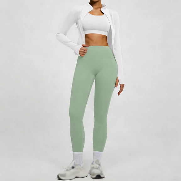 Women's Zipper Jacket and Leggings Set, High Waist Workout Outfit with Tummy Control, Butt Lifting Yoga Pants and Long Sleeve Top for Running, Gym, Yoga and Casual Sportswear White