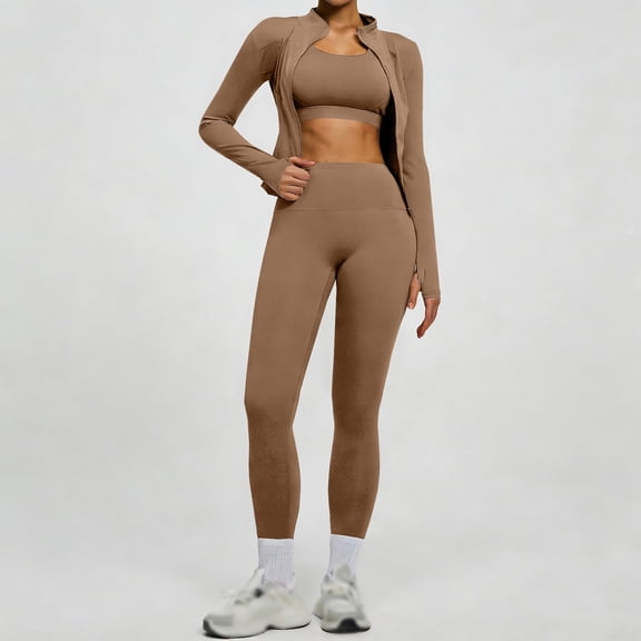 Women's Zipper Jacket and Leggings Set, High Waist Workout Outfit with Tummy Control, Butt Lifting Yoga Pants and Long Sleeve Top for Running, Gym, Yoga and Casual Sportswear Khaki