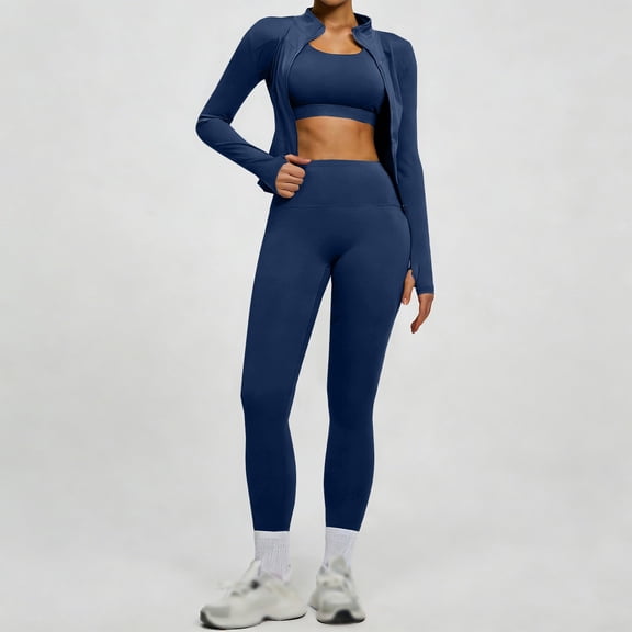 Women's Zipper Jacket and Leggings Set, High Waist Workout Outfit with Tummy Control, Butt Lifting Yoga Pants and Long Sleeve Top for Running, Gym, Yoga and Casual Sportswear Navy