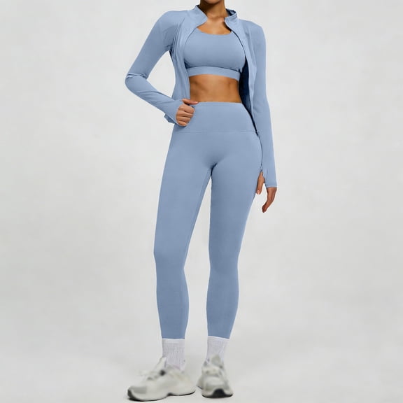 Women's Zipper Jacket and Leggings Set, High Waist Workout Outfit with Tummy Control, Butt Lifting Yoga Pants and Long Sleeve Top for Running, Gym, Yoga and Casual Sportswear Light Blue