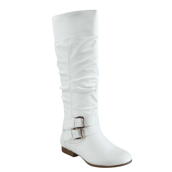Women's Zipper Knee High Riding Boots Casual Flat Low Heel Winter Boots Shoes ( White, 6)