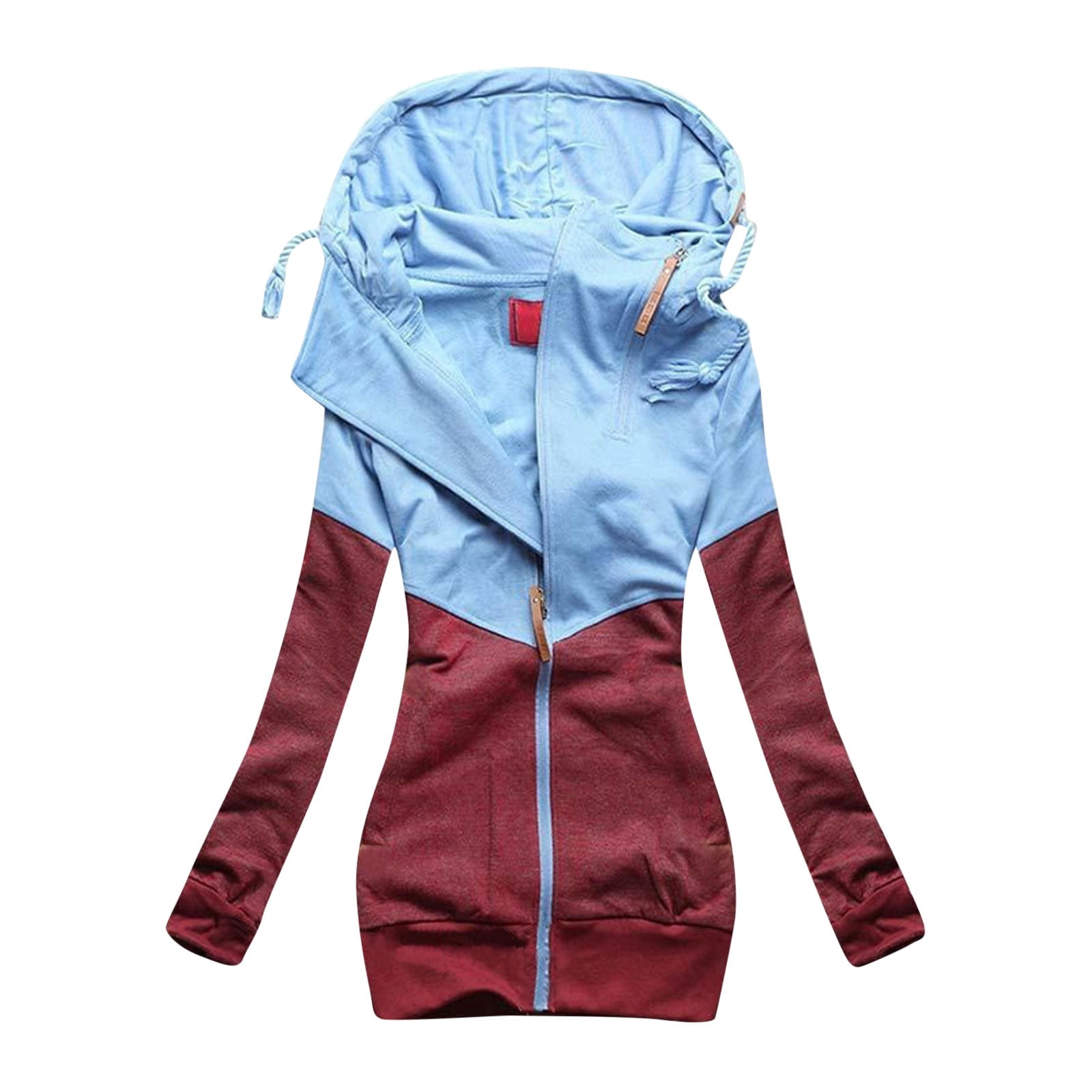 Women's Zipper Matching Color Hooded Long Sleeve Cardigan Hoodie Coat