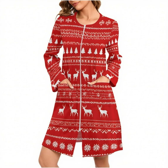 Women's Zipper Nightshirt Long Sleeve Nightgown Round Neck Sleepwear Christmas Pajama Dress Loungewear