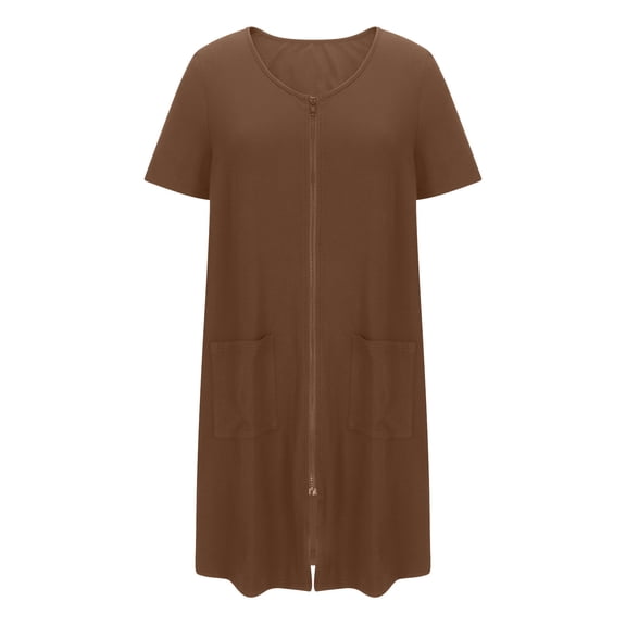 Women's Zipper Robe, Short Sleeves Zip up Bathrobe Soft Short Nightgown Housecoat with Pockets Nightgowns for Women Plus Size Brown XXL