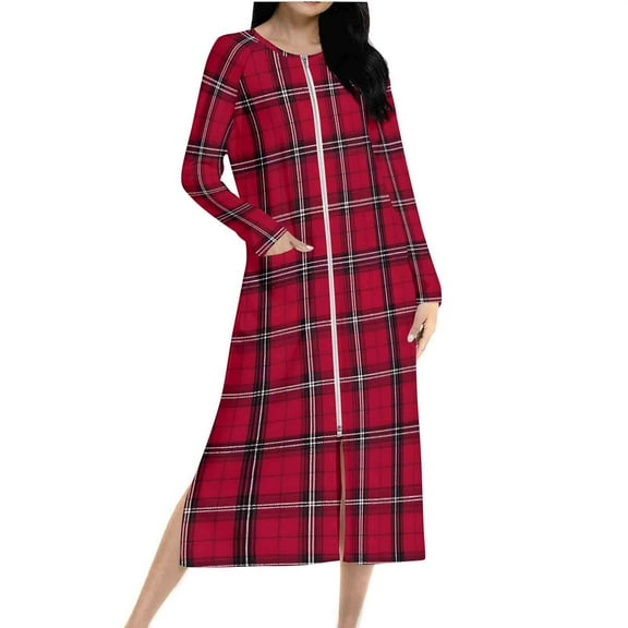 Women's Zipper Robe Xmas Plaid Print Housecoats Long Sleeve Pajamas with Pocket Soft Knee Length Nightgowns Fitted Bathrobes Comfy Christmas Pajama