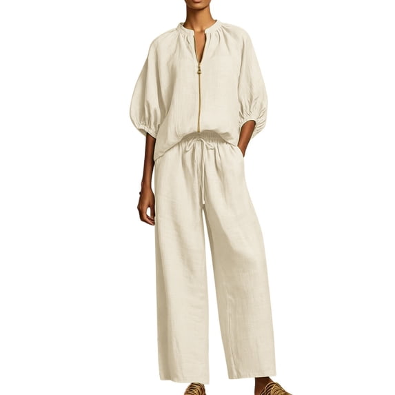 Women's Zipper Shirt Wide Leg Pants Two Piece Set Loose Half Sleeved Shirt Straight Leg Pants Summer Set Beige S(S)
