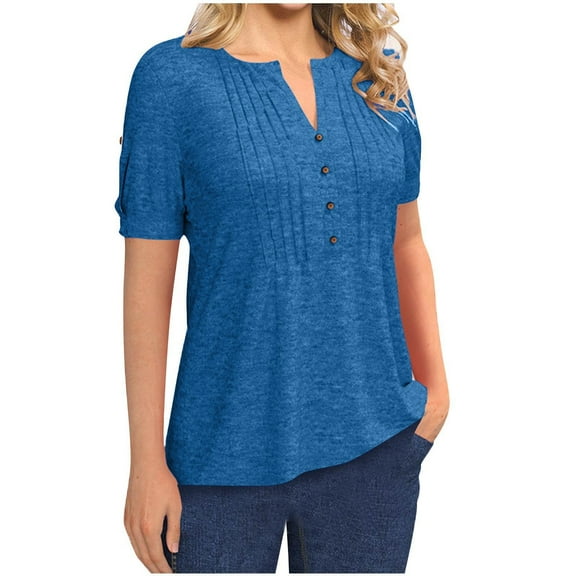 Women's Zipper Summer Pleated Button Short Sleeve T-Shirt Summer V-Neck Solid Color Casual top
