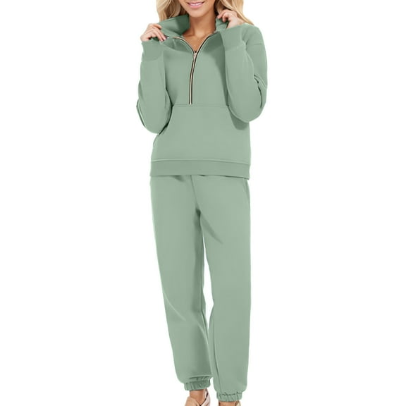 Women's Zipper Sweatshirt Set Casual Sports Pocket Sweatpants Two Piece Outfit