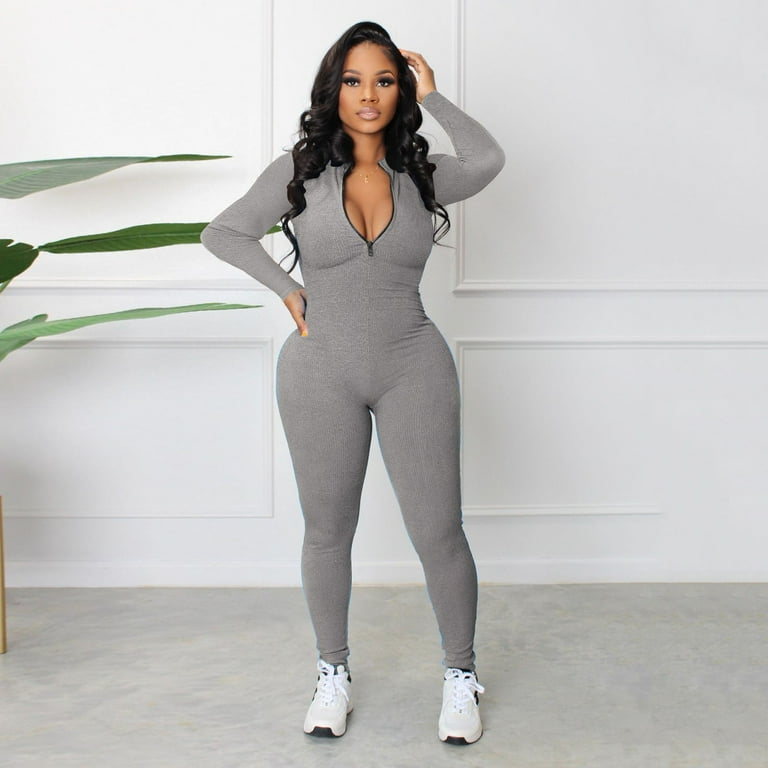 Women's Zipper V Neck Long Sleeve Jumpsuit Rompers Bodysuit