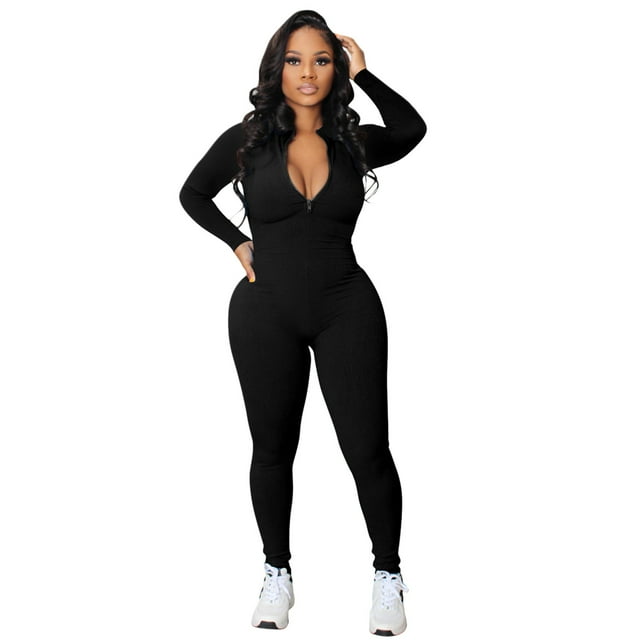 Women's Zipper V Neck Long Sleeve Jumpsuit Rompers Bodysuit Catsuit