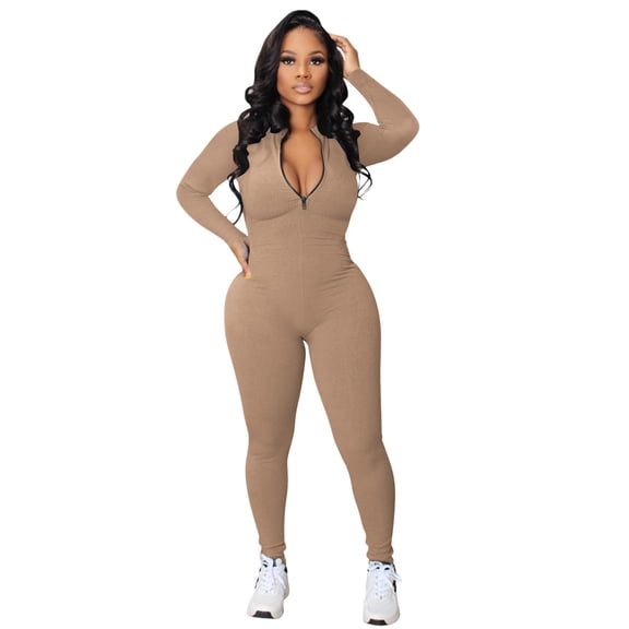 Women's Zipper V Neck Long Sleeve Jumpsuit Rompers Bodysuit Catsuit Sport Jumpsuit