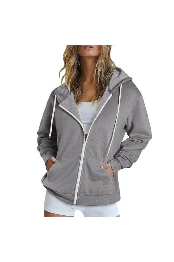 Women's Zipper V-Neck Sweatshirt Drawstring Hooded Pullover Solid Color Lightweight Fall Jacket Long Sleeve Shirt with Pockets Gray XL