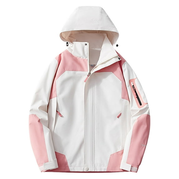 Women's Zipper Waterproof Jackets Color Block Plus Size Hooded Jacket Fall Winter Trendy Outdoor Coats Hiking Pink, 4XL