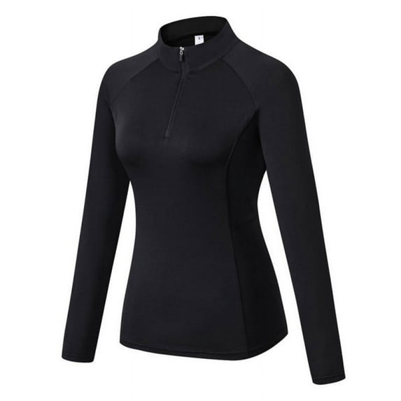 Women's Zipper Workout Long Sleeve Shirts, Yoga Running Tops Quarter Zip Pullover Exercise T-Shirts, Black, XXL