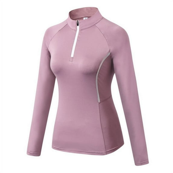 Women's Zipper Workout Long Sleeve Shirts, Yoga Running Tops Quarter Zip Pullover Exercise T-Shirts, Pink, XL
