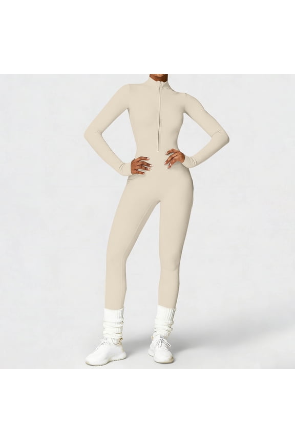 Women's Zippered Full Body Yoga Suit, Long Sleeve High Waist Tight Bodysuit for Women, Fitness Workout Bodysuit for Yoga, Gym, Running and Casual Outerwear Sportswear White