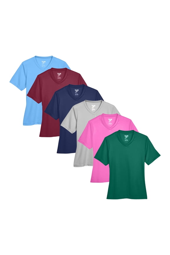 Women's Zone Performance T-Shirt, V-Neck Assorted Tee Shirt 100% Polyester Interlock Mix Bulk T-Shirt (Bright Color 6 Pack, L)