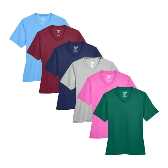 Women's Zone Performance T-Shirt, V-Neck Assorted Tee Shirt 100% Polyester Interlock Mix Bulk T-Shirt (Bright Color 6 Pack, M)