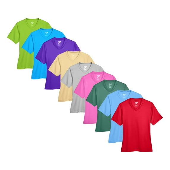 Women's Zone Performance T-Shirt, V-Neck Assorted Tee Shirt 100% Polyester Interlock Mix Bulk T-Shirt (Bright Color 9 Pack, L)