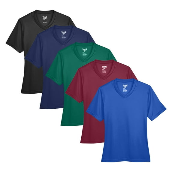 Women's Zone Performance T-Shirt, V-Neck Assorted Tee Shirt 100% Polyester Interlock Mix Bulk T-Shirt (Dark Color 5 Pack, L)