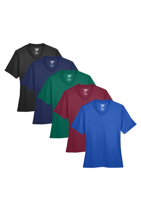 Women's Zone Performance T-Shirt, V-Neck Assorted Tee Shirt 100% Polyester Interlock Mix Bulk T-Shirt (Dark Color 5 Pack, M)