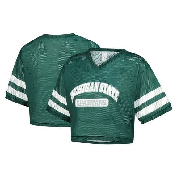 Women's ZooZatz Green Michigan State Spartans V-Neck Mesh Cropped T-Shirt