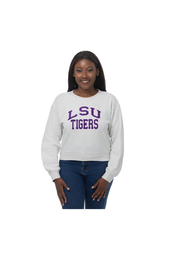 Women's ZooZatz Oatmeal LSU Tigers Chenille Cropped Sweatshirt